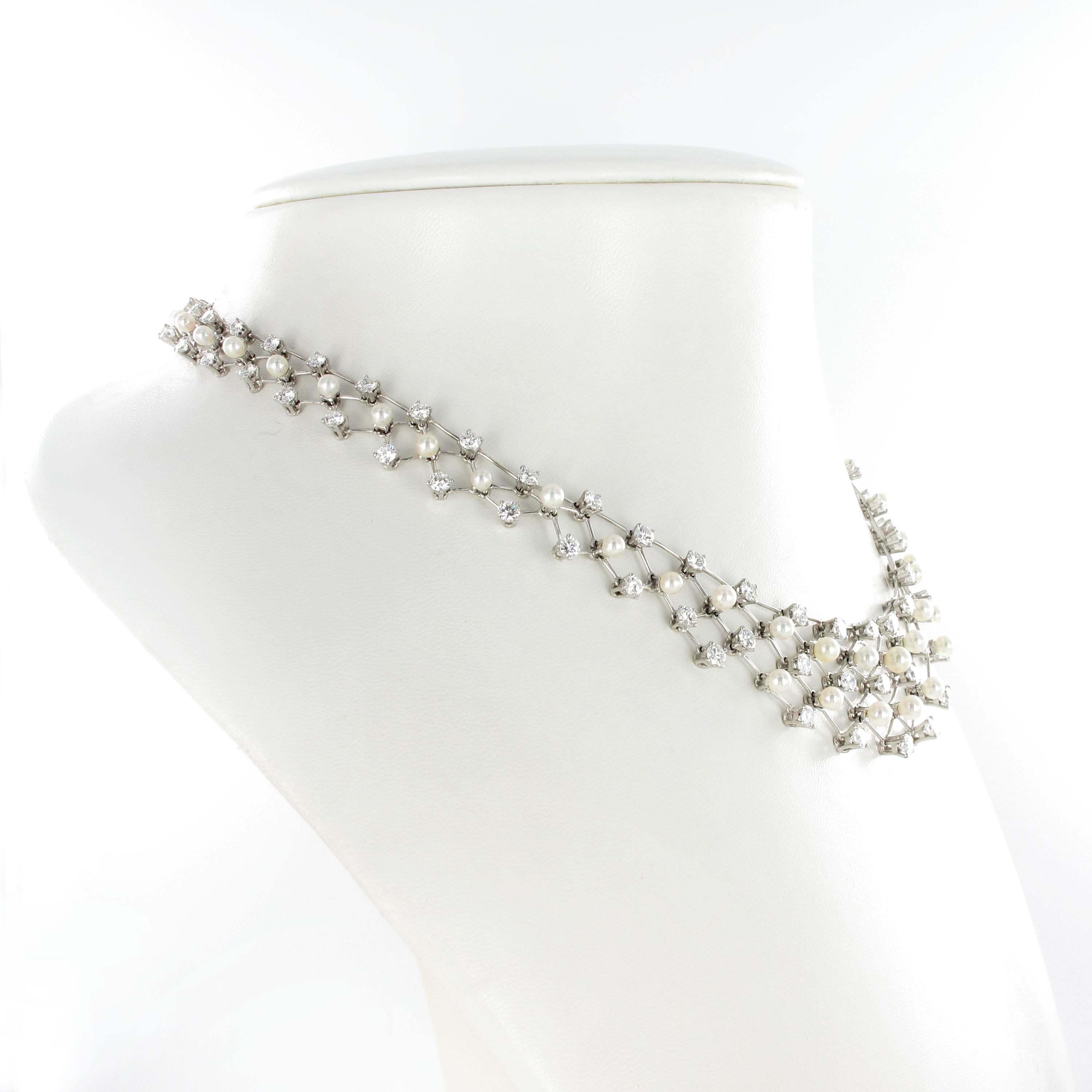 Brilliant Cut Diamond and Akoya Cultured Pearls Necklace in 950 Platinum For Sale