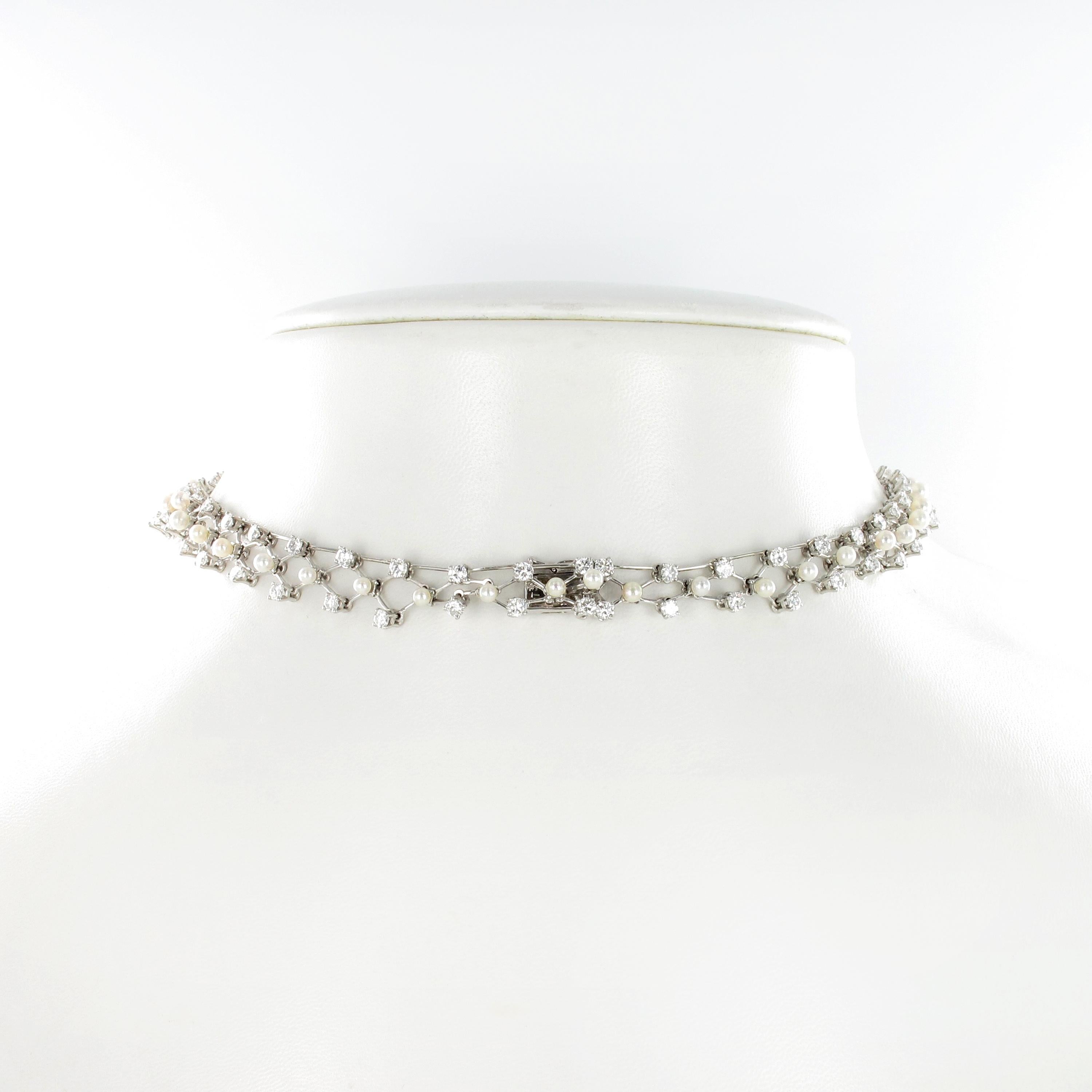Women's or Men's Diamond and Akoya Cultured Pearls Necklace in 950 Platinum For Sale