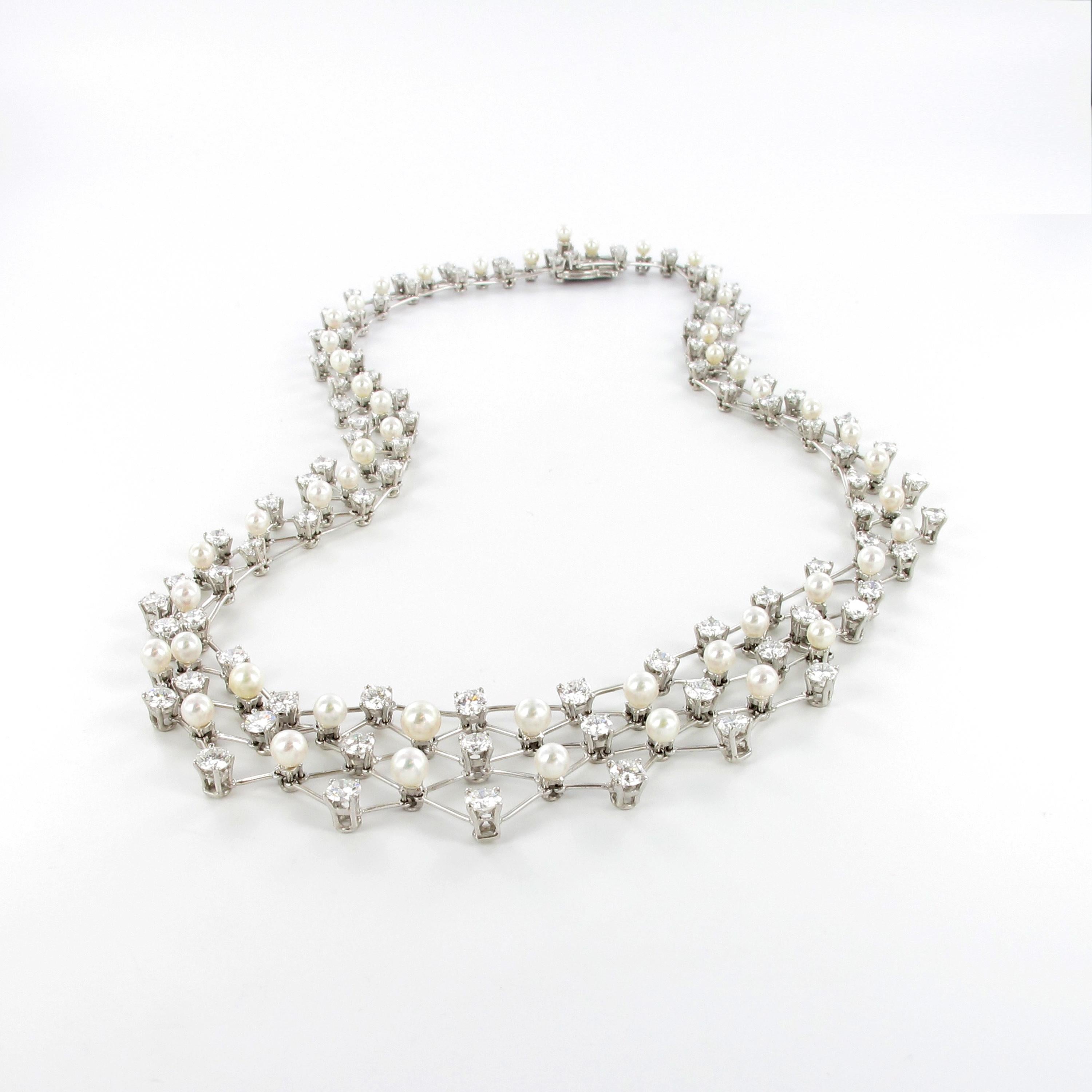 Diamond and Akoya Cultured Pearls Necklace in 950 Platinum For Sale 1