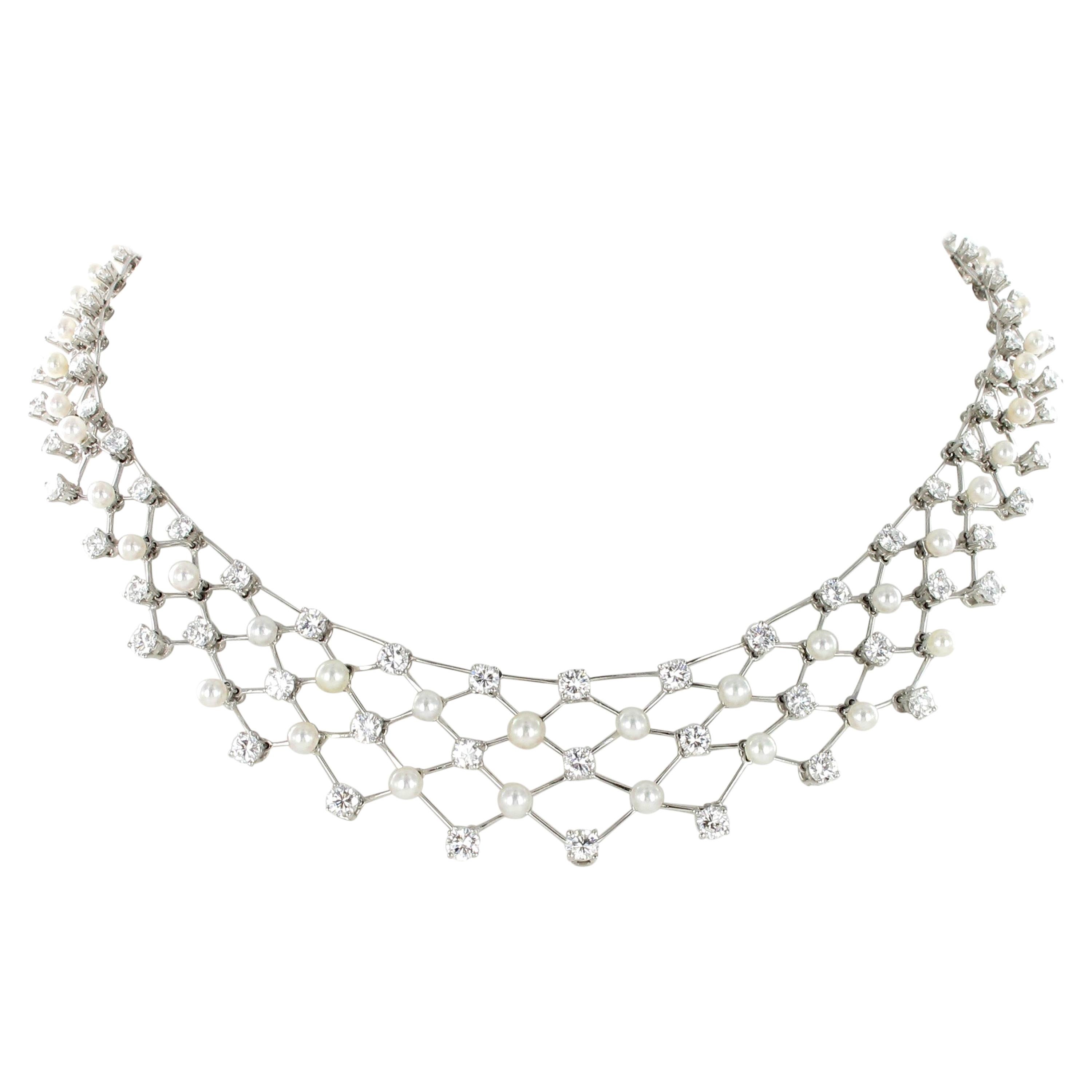 Diamond and Akoya Cultured Pearls Necklace in 950 Platinum For Sale