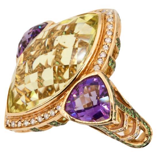 18K 750 Rose Gold, 0.29 Carat Diamond Round, 16.47 Carat Lemon Quartz, 4.74 Carat Amethys

Egyptians used to wear amethyst to protect themselves from feelings of guilt and fear. 

The royal stone was also worn by the ancient Egyptians to ward off