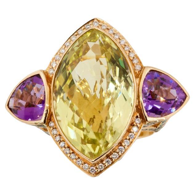 Taille ronde Bague Royalty en diamants et améthystes, quartz citron certifié Olympus Art de 16,64 carats en vente