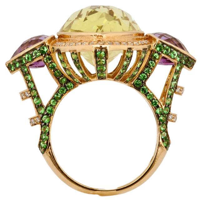 Women's Diamond and Amethys Royalty Ring, Olympus Art Certified 16.64 Carat Lemon Quartz For Sale