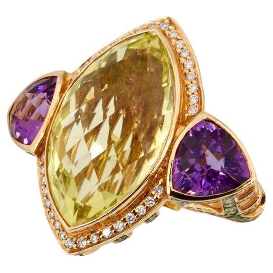 Bague Royalty en diamants et améthystes, quartz citron certifié Olympus Art de 16,64 carats en vente