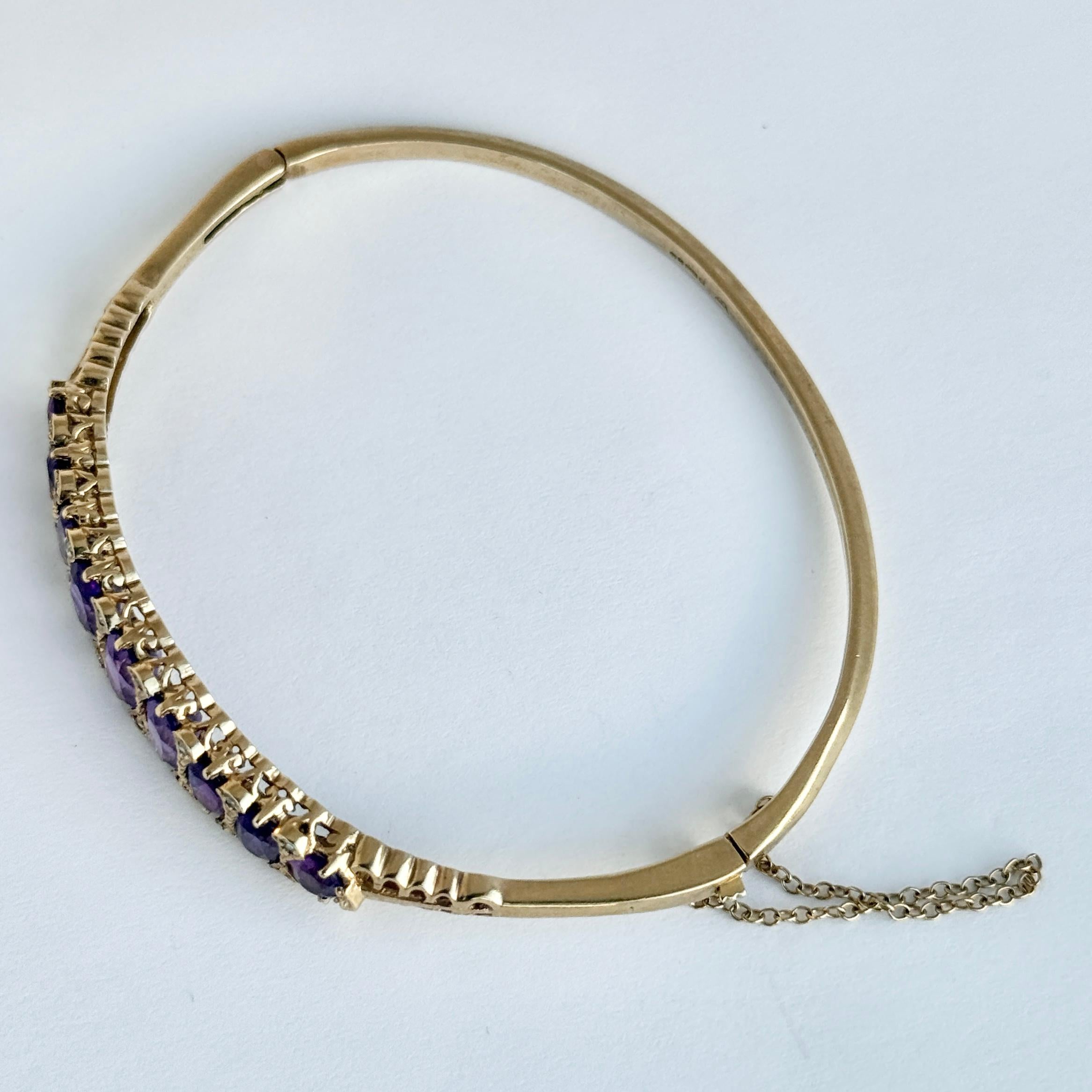 Round Cut Diamond and Amethyst 9 Carat Gold Bangle For Sale