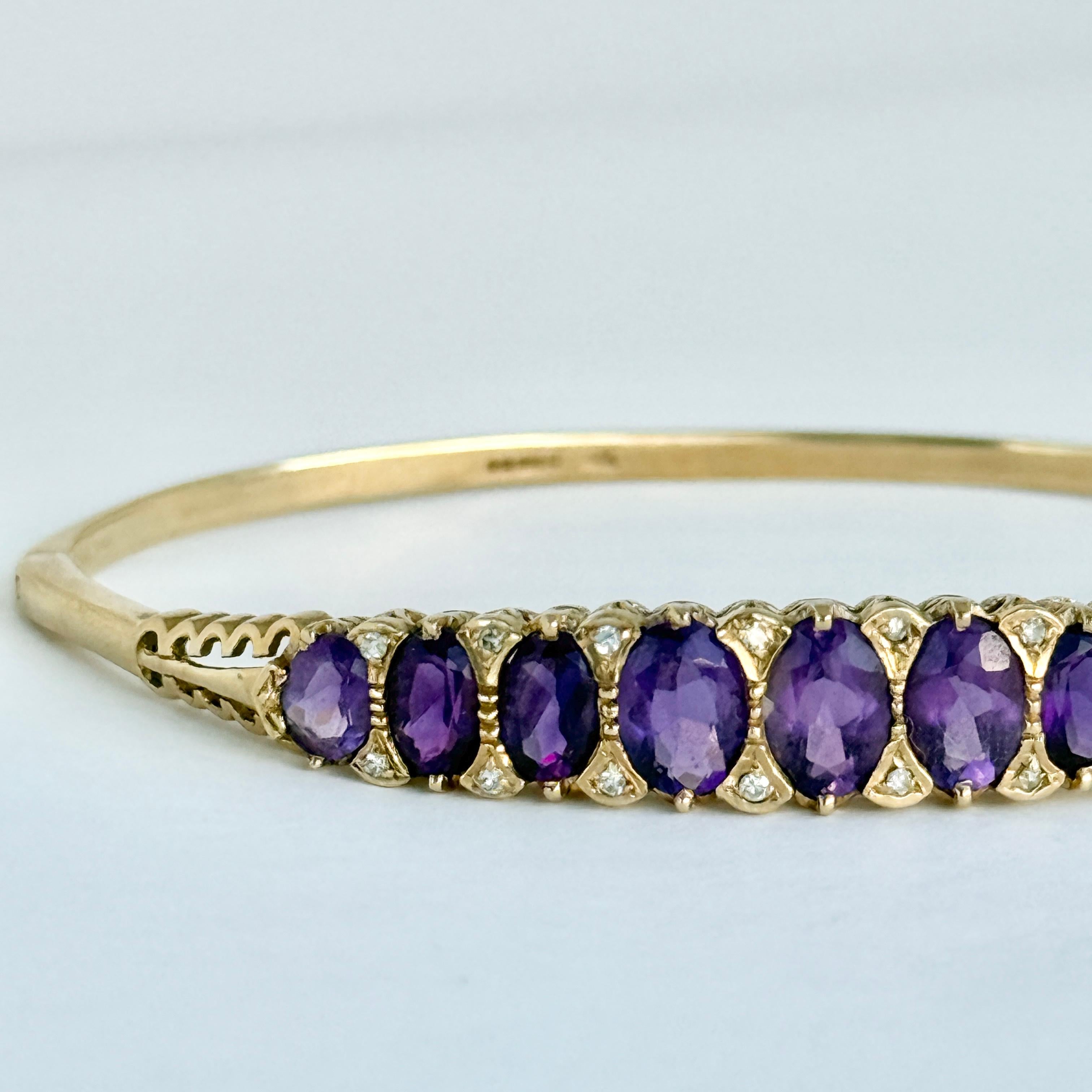 Diamond and Amethyst 9 Carat Gold Bangle In Good Condition For Sale In Chipping Campden, GB