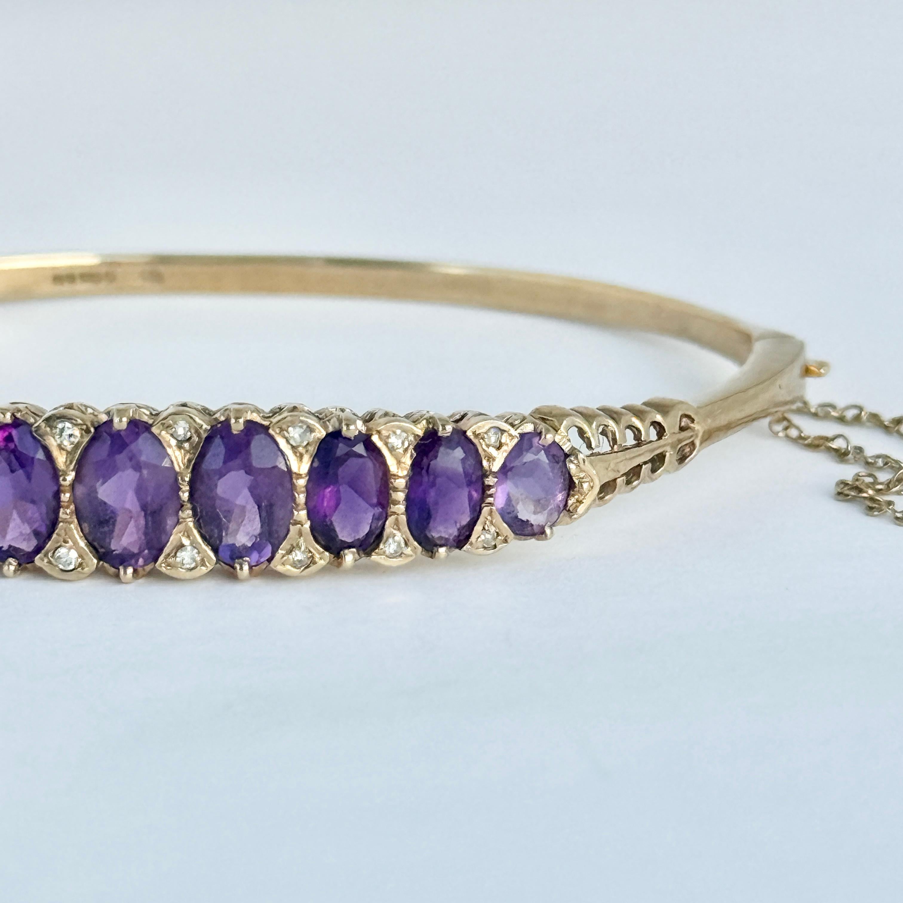 Diamond and Amethyst 9 Carat Gold Bangle For Sale 1