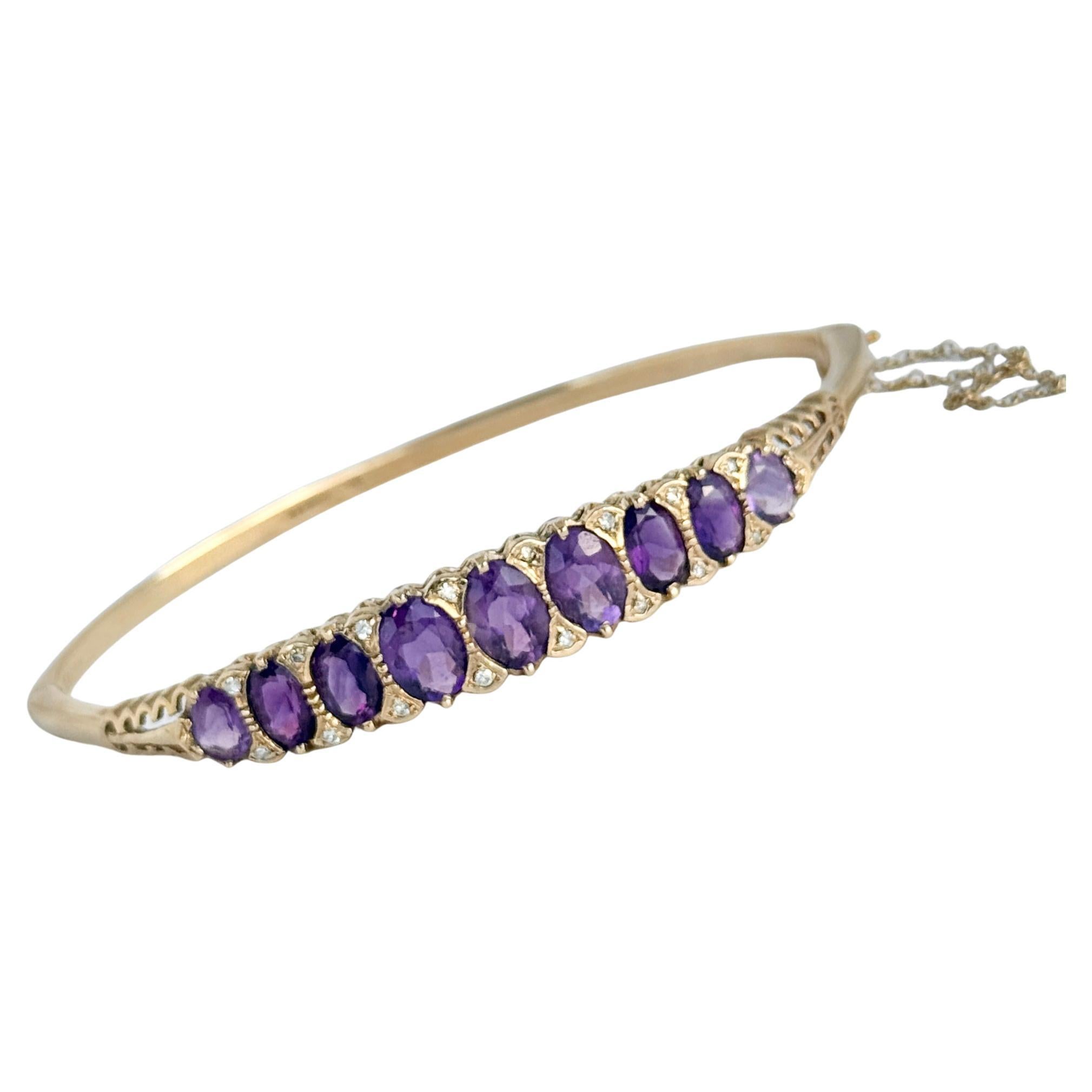 Diamond and Amethyst 9 Carat Gold Bangle For Sale