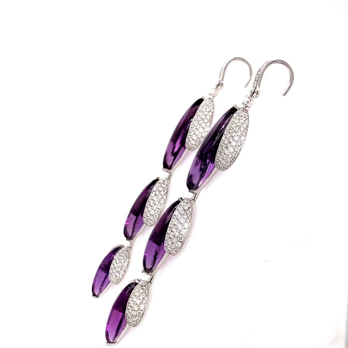 Contemporary Diamond and Amethyst Earrings 18 Karat White Gold For Sale