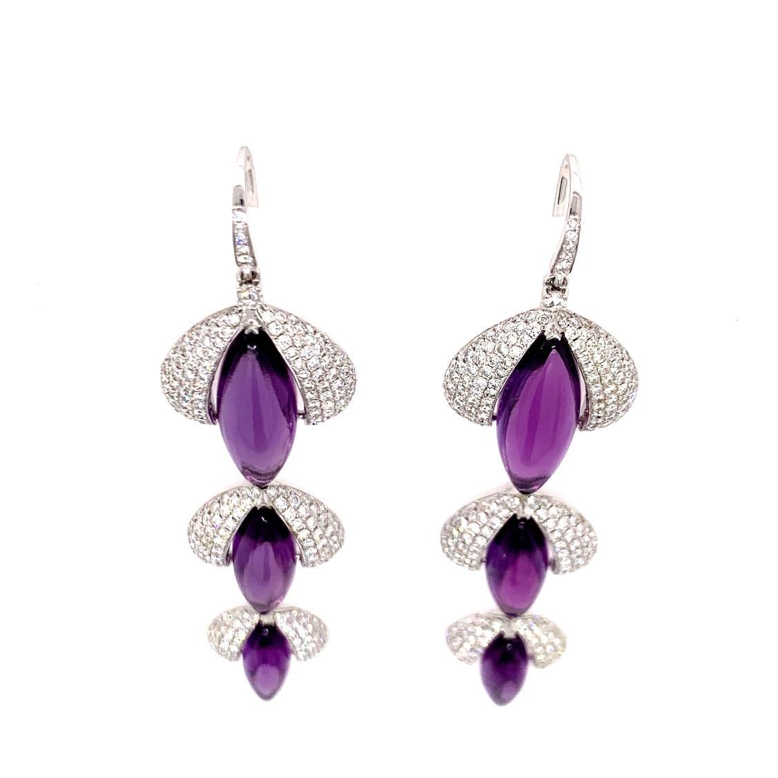 Round Cut Diamond and Amethyst Earrings 18 Karat White Gold For Sale