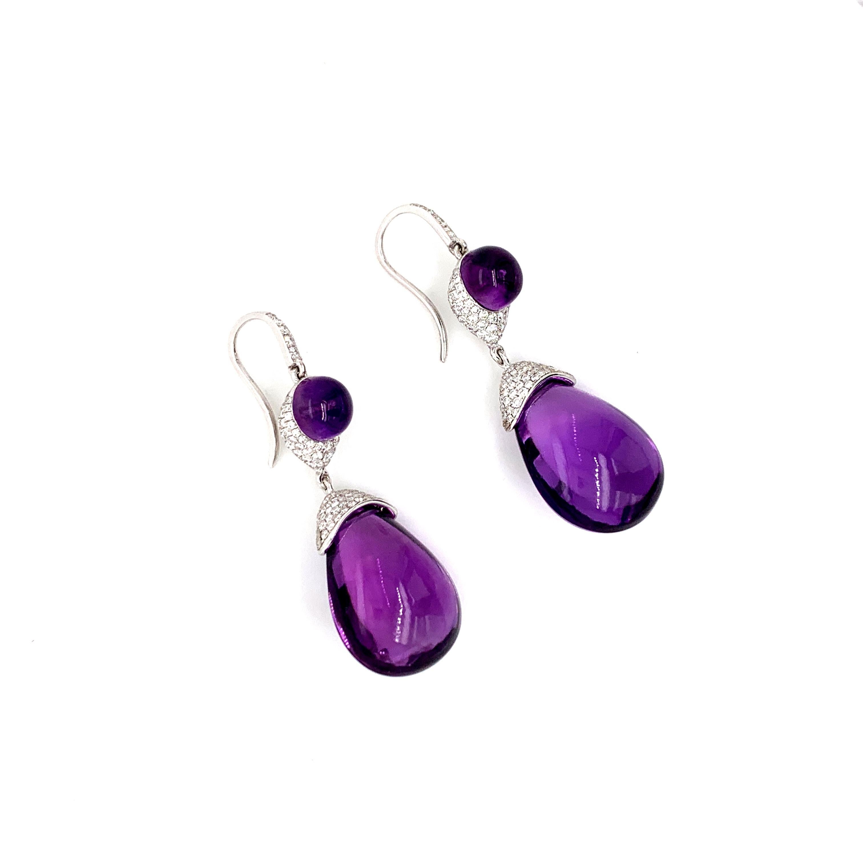Round Cut Diamond and Amethyst Earrings 18 Karat White Gold For Sale