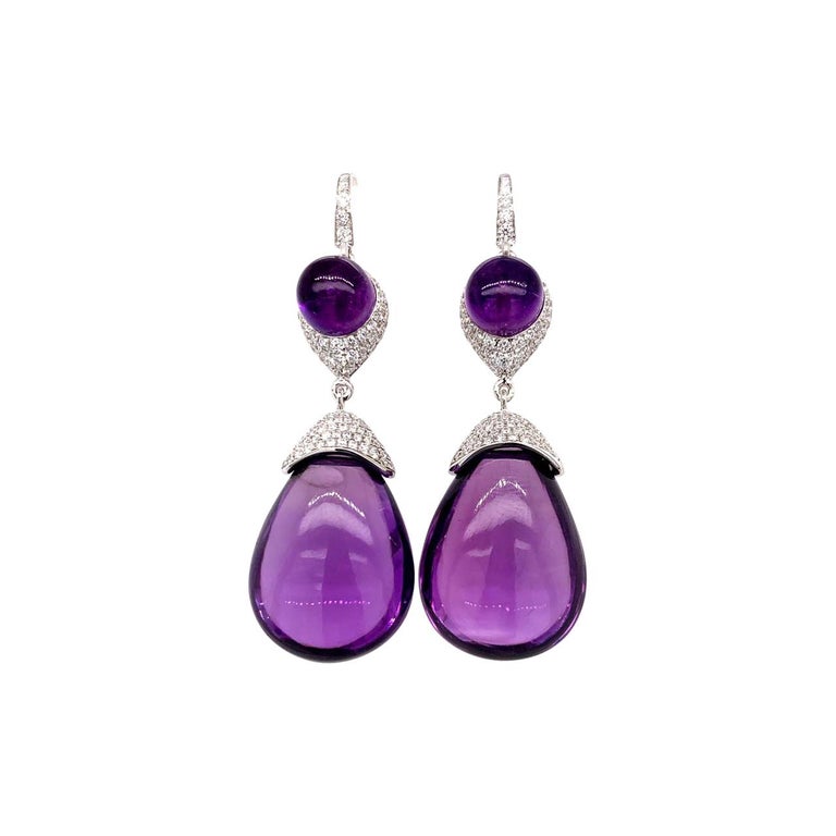Diamond and Amethyst Earrings 18 Karat White Gold For Sale
