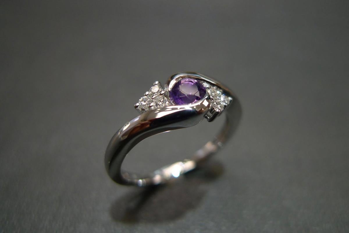 For Sale:  Diamond and Amethyst Engagement Tension Twisted Engagement Ring 18K White Gold 3
