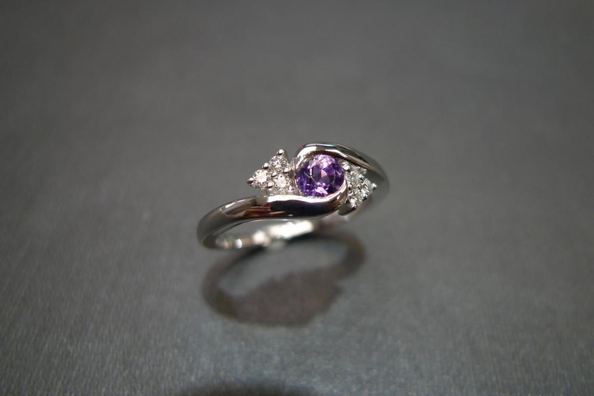 For Sale:  Diamond and Amethyst Engagement Tension Twisted Engagement Ring 18K White Gold 4
