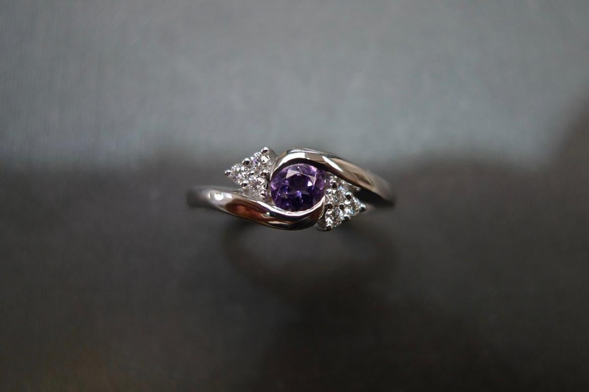 For Sale:  Diamond and Amethyst Engagement Tension Twisted Engagement Ring 18K White Gold 5