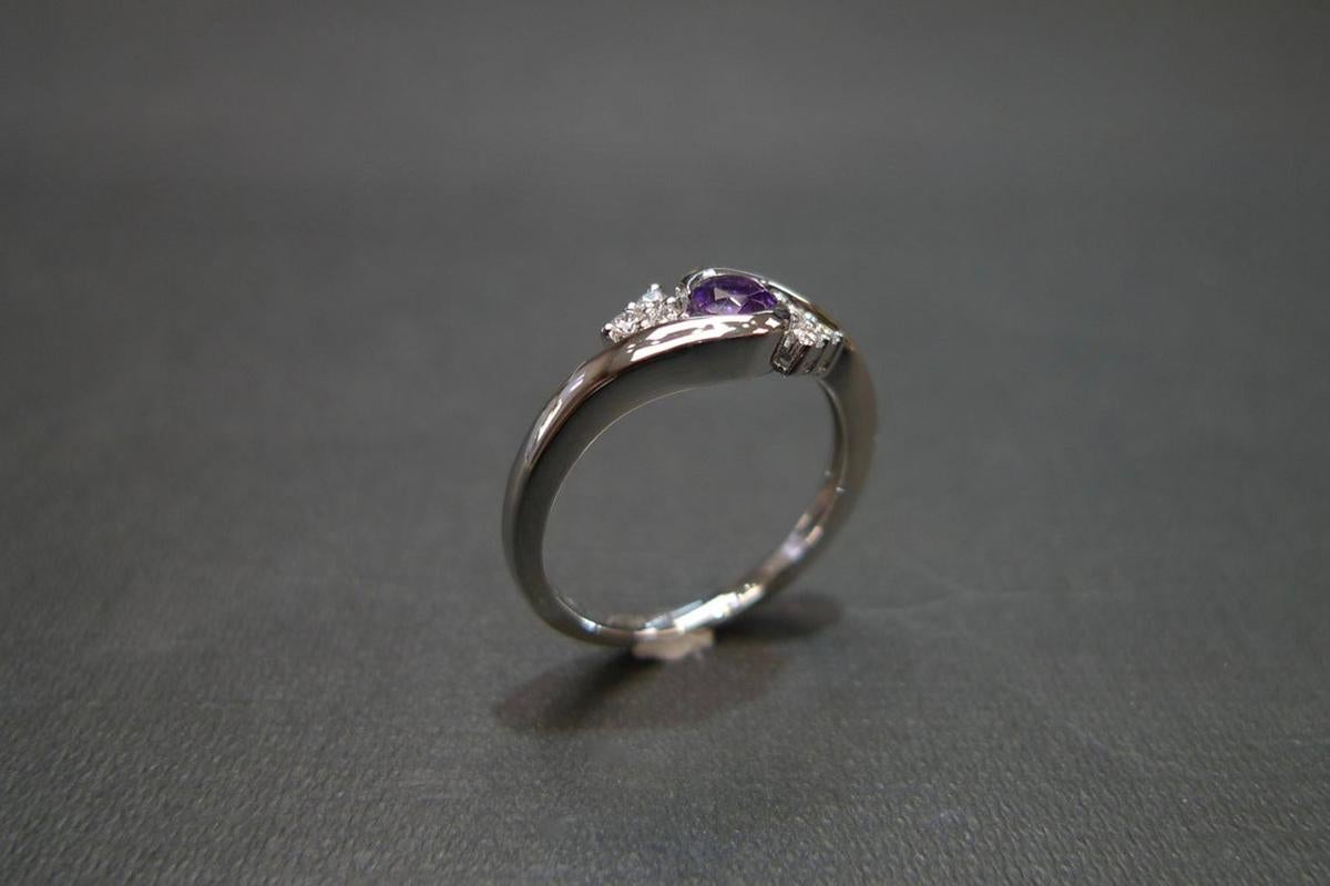 For Sale:  Diamond and Amethyst Engagement Tension Twisted Engagement Ring 18K White Gold 6