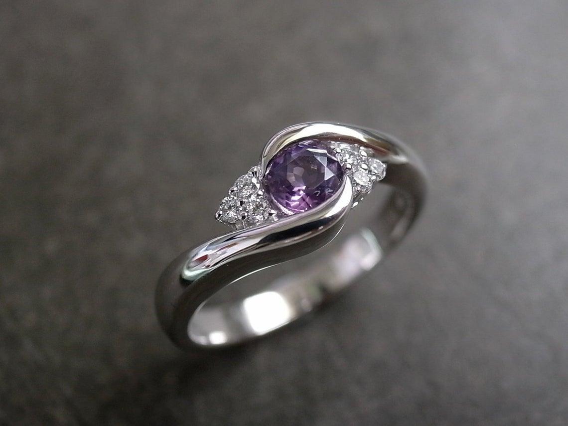 For Sale:  Diamond and Amethyst Engagement Tension Twisted Engagement Ring 18K White Gold 7