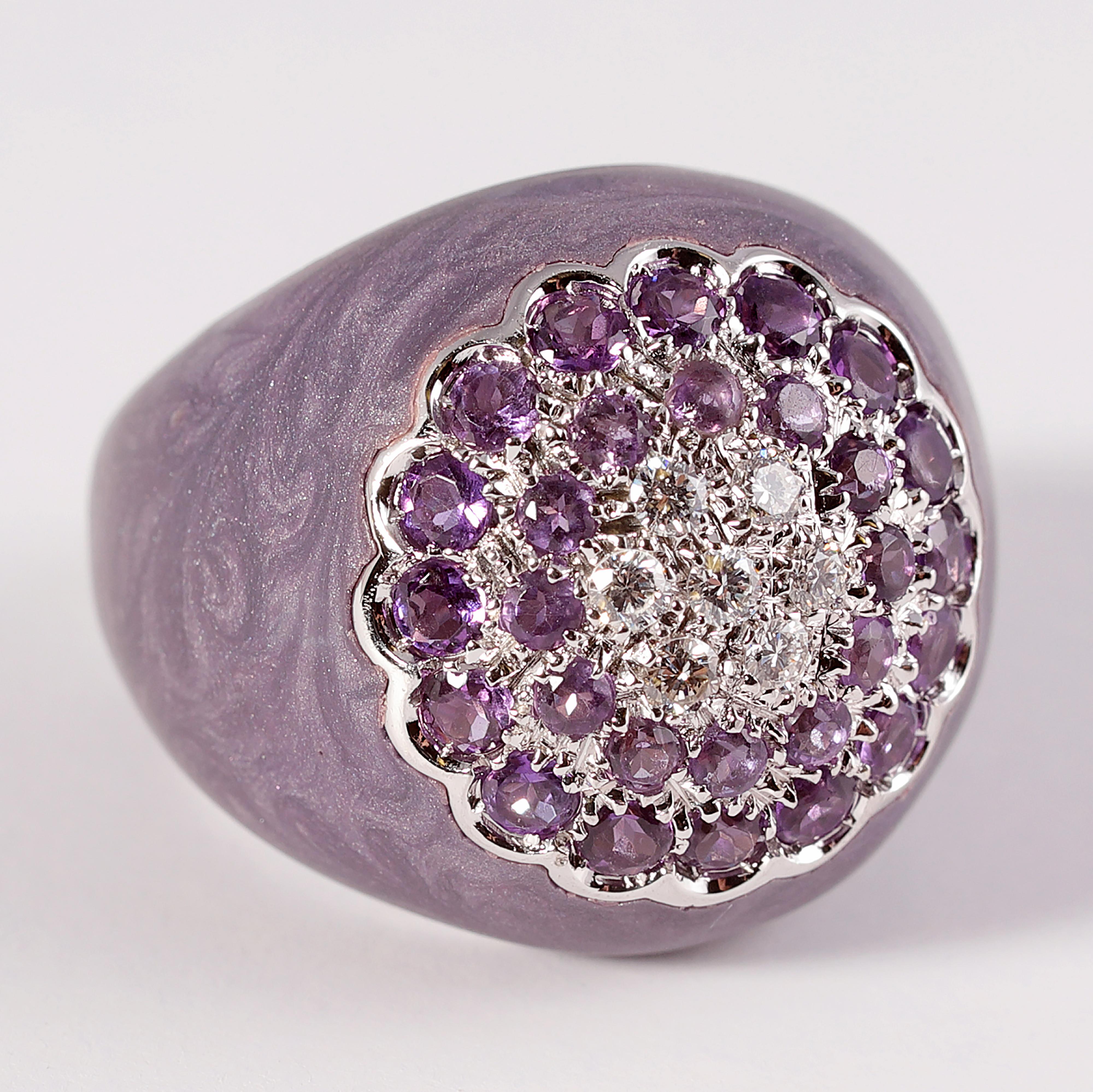 Round Cut Diamond and Amethyst Ring from Bonato & Massoni of Milan For Sale
