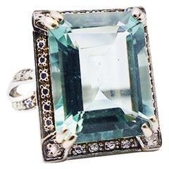 Diamond and Aqua-Blue Colored Quartz Ring 15 Carat