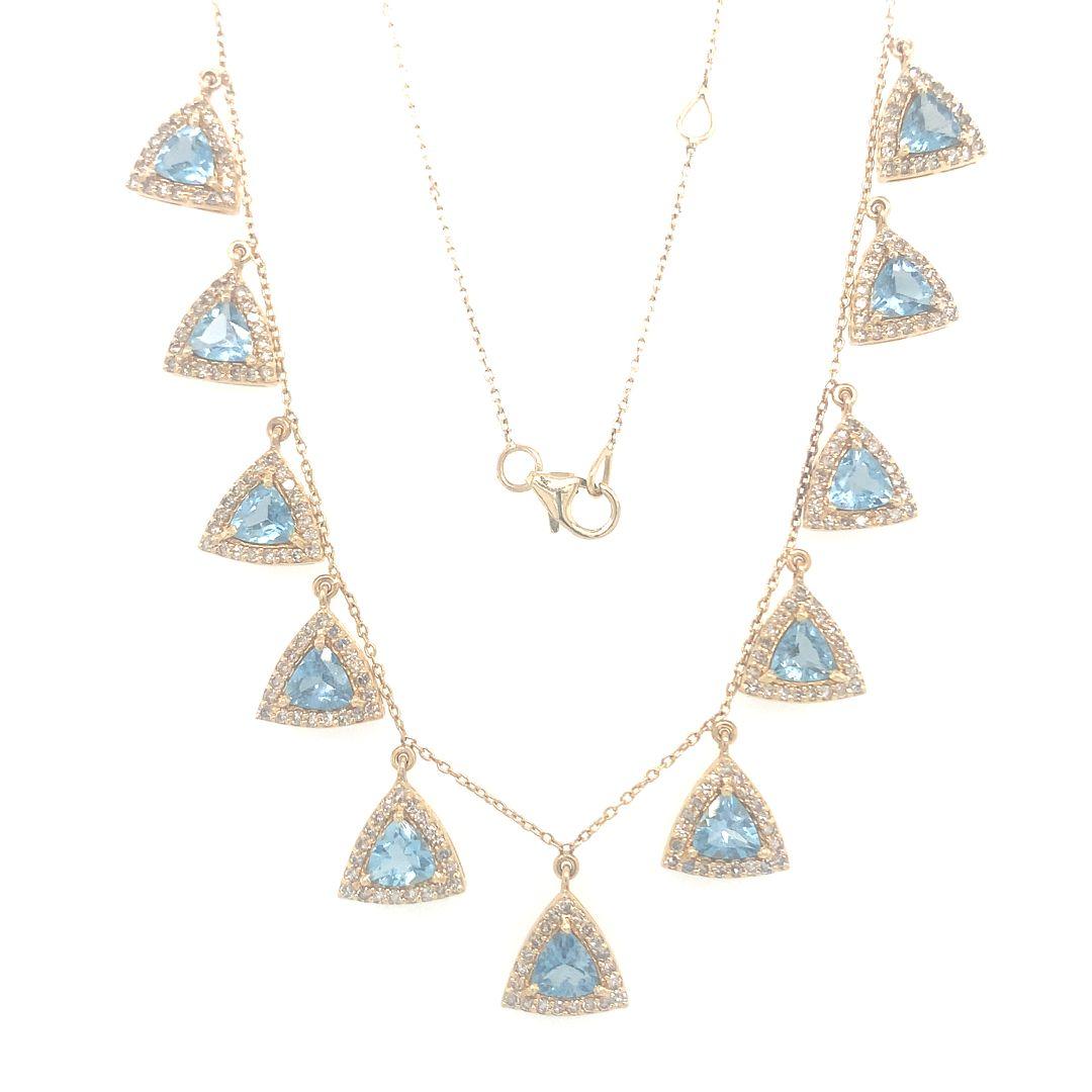 Natural 1.52-carat diamond and 3.69-carat aquamarine drop necklace set in 14-karat yellow gold with an adjustable necklace chain setting.