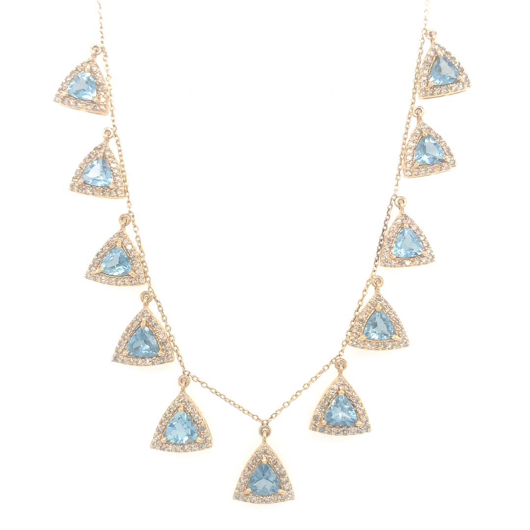 Trillion Cut Diamond and aquamarine 14 Kt gold necklace