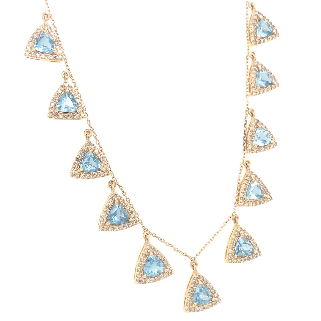 Trillion Cut Diamond and aquamarine 14 Kt gold necklace