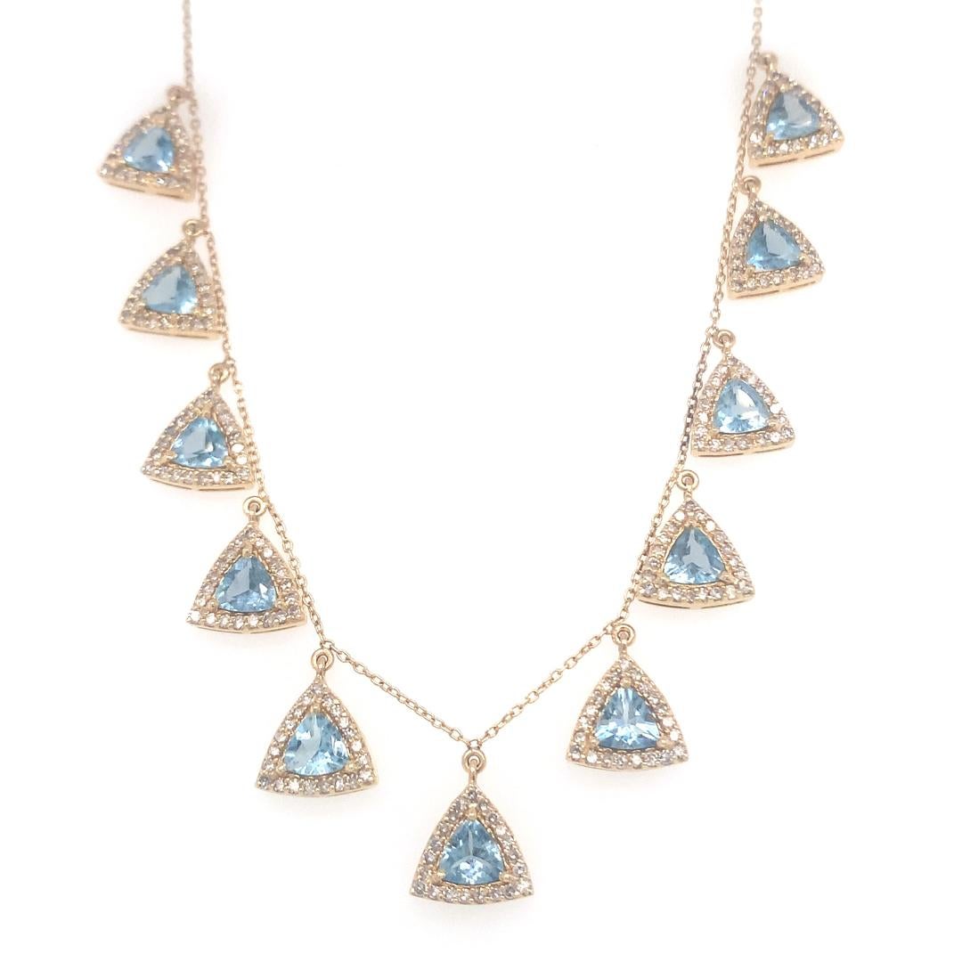 Diamond and aquamarine 14 Kt gold necklace In New Condition In New York, NY