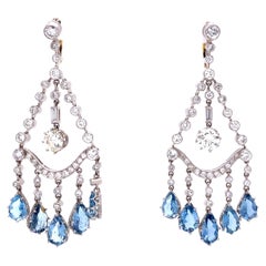 Diamond and Aquamarine Chandelier Art Deco Revival Platinum Earrings