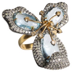 Diamond and Aquamarine Cocktail Ring in a Flower Motif