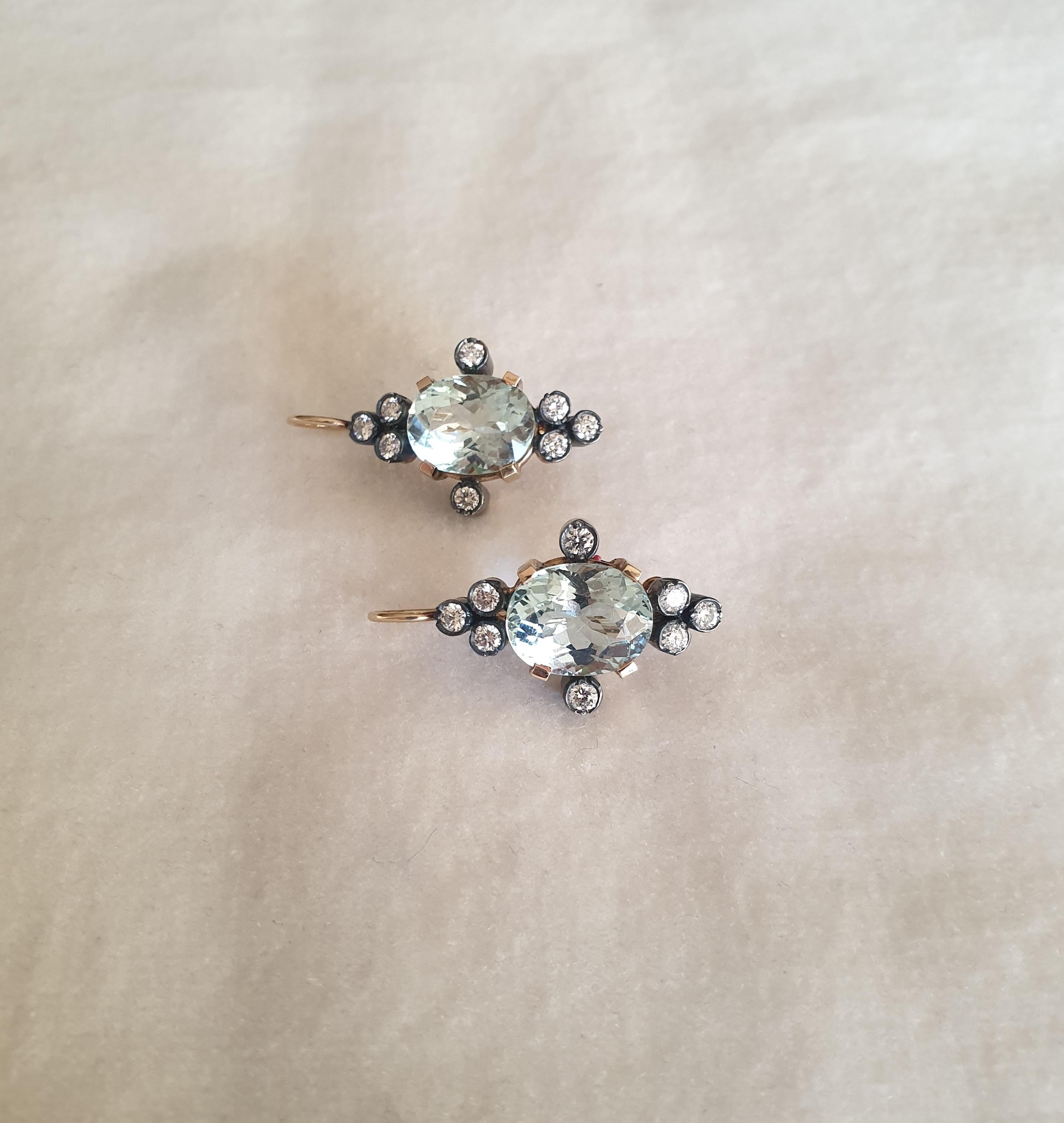Round Cut White Diamond and Blue Aquamarine Gold and Silver Antique Style Drop Earrings For Sale