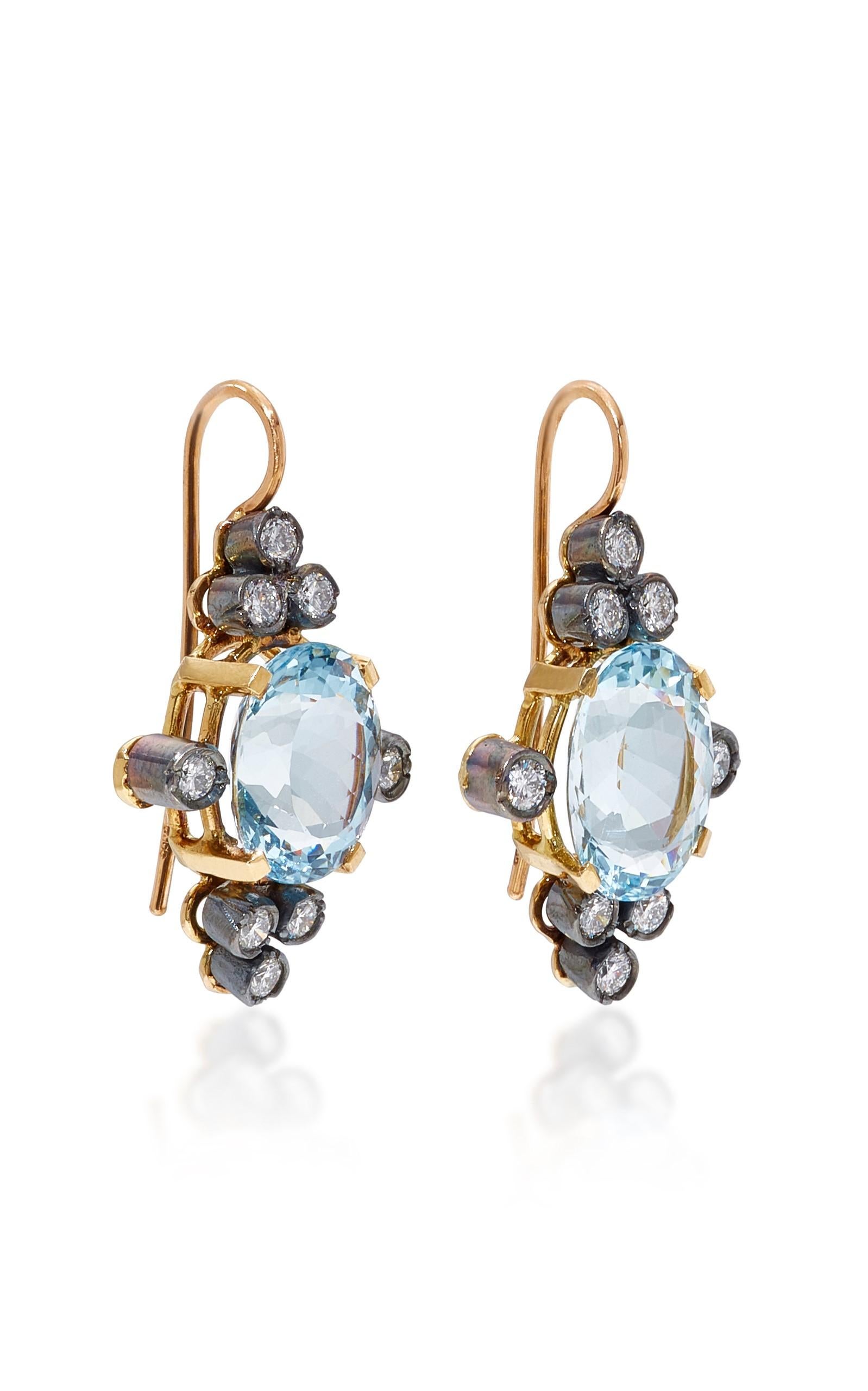 White Diamond and Blue Aquamarine Gold and Silver Antique Style Drop Earrings In New Condition For Sale In Barcelona, ES