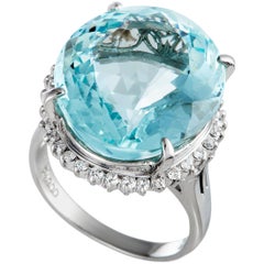 Diamond and Aquamarine Platinum Large Oval Ring