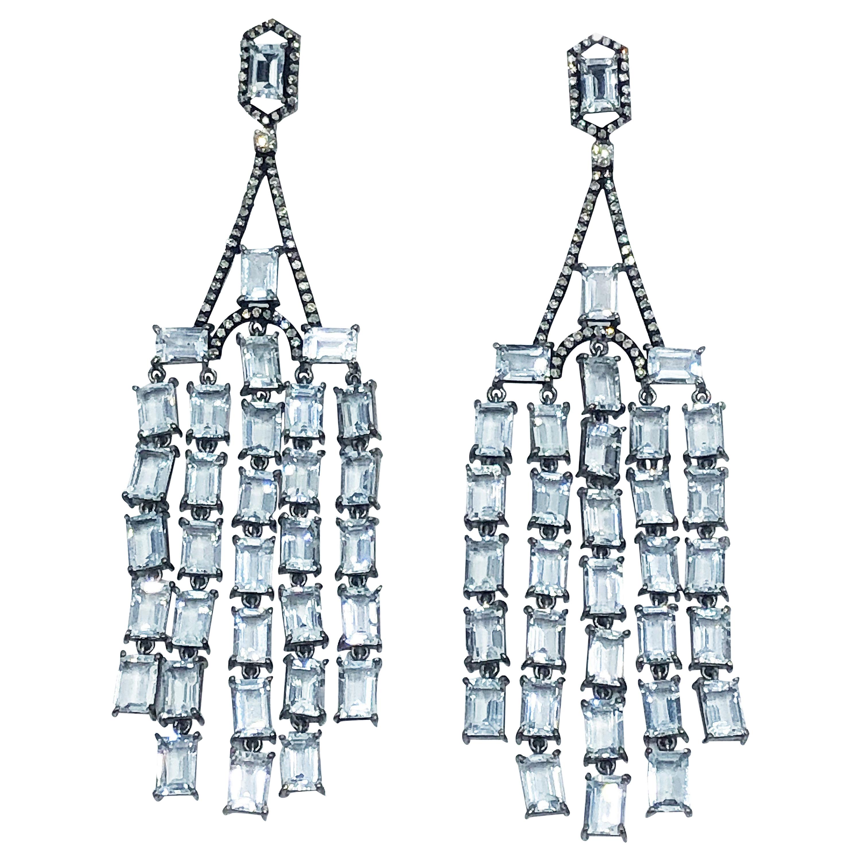 Diamond and Aquamarine Silver and Rhodium Plated Dangle Earrings