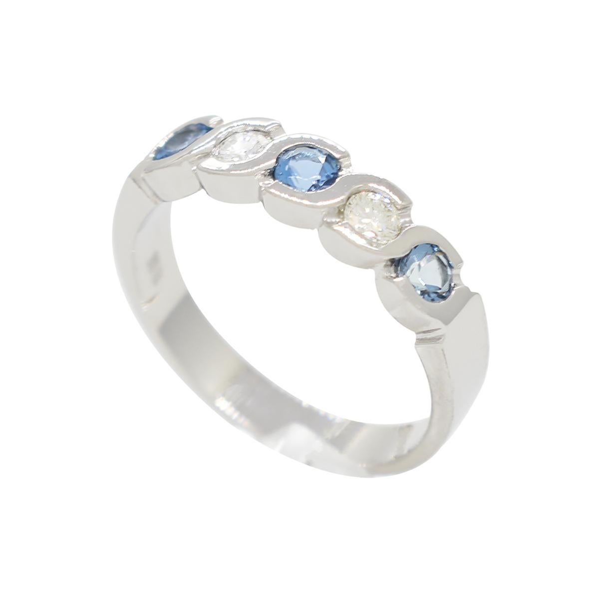 Brilliant Cut Diamond and Aquamarine Wedding Band in Solid White Gold Bezel Setting For Sale