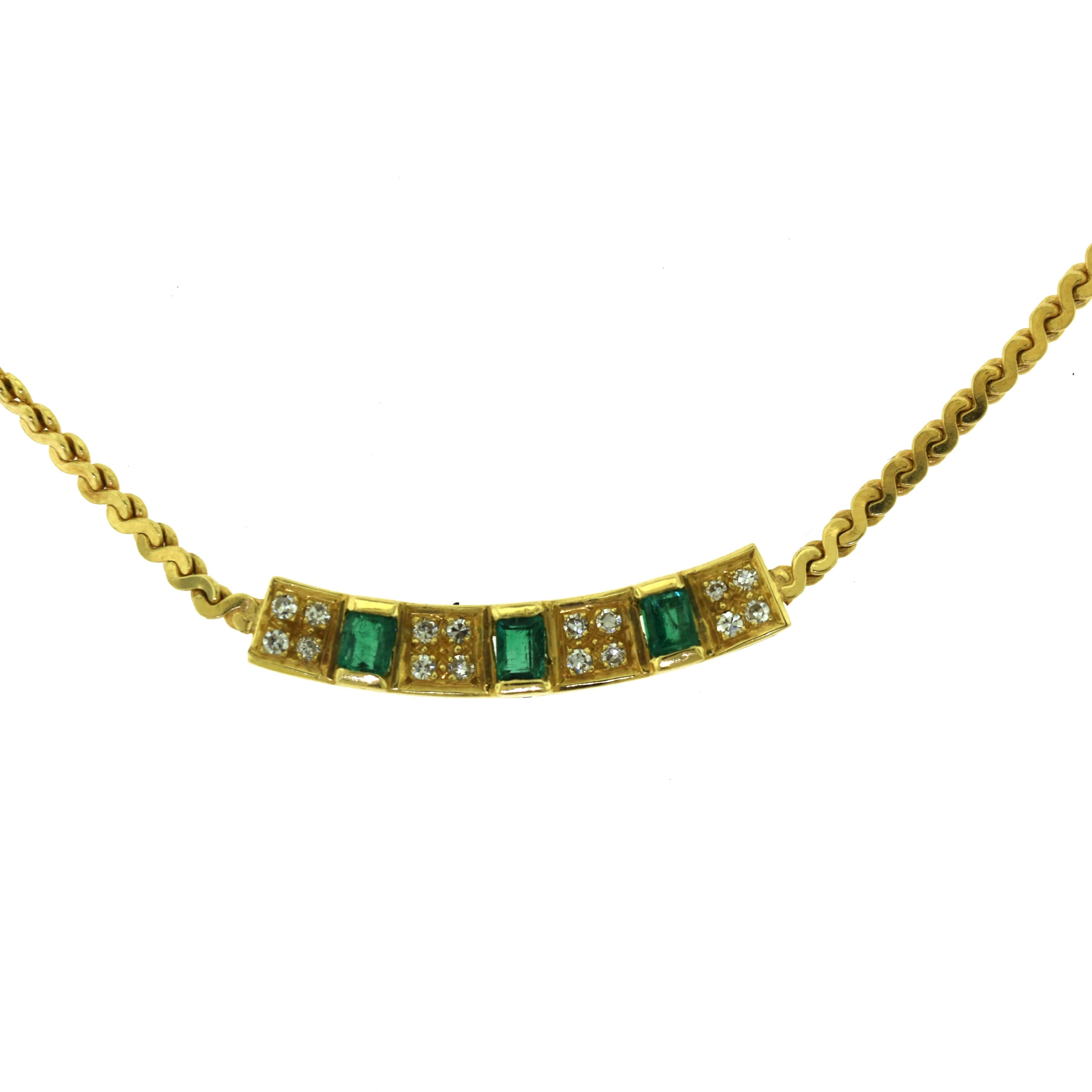 Women's or Men's Diamond and Baguette Cut Emerald Bar Yellow Gold Necklace For Sale