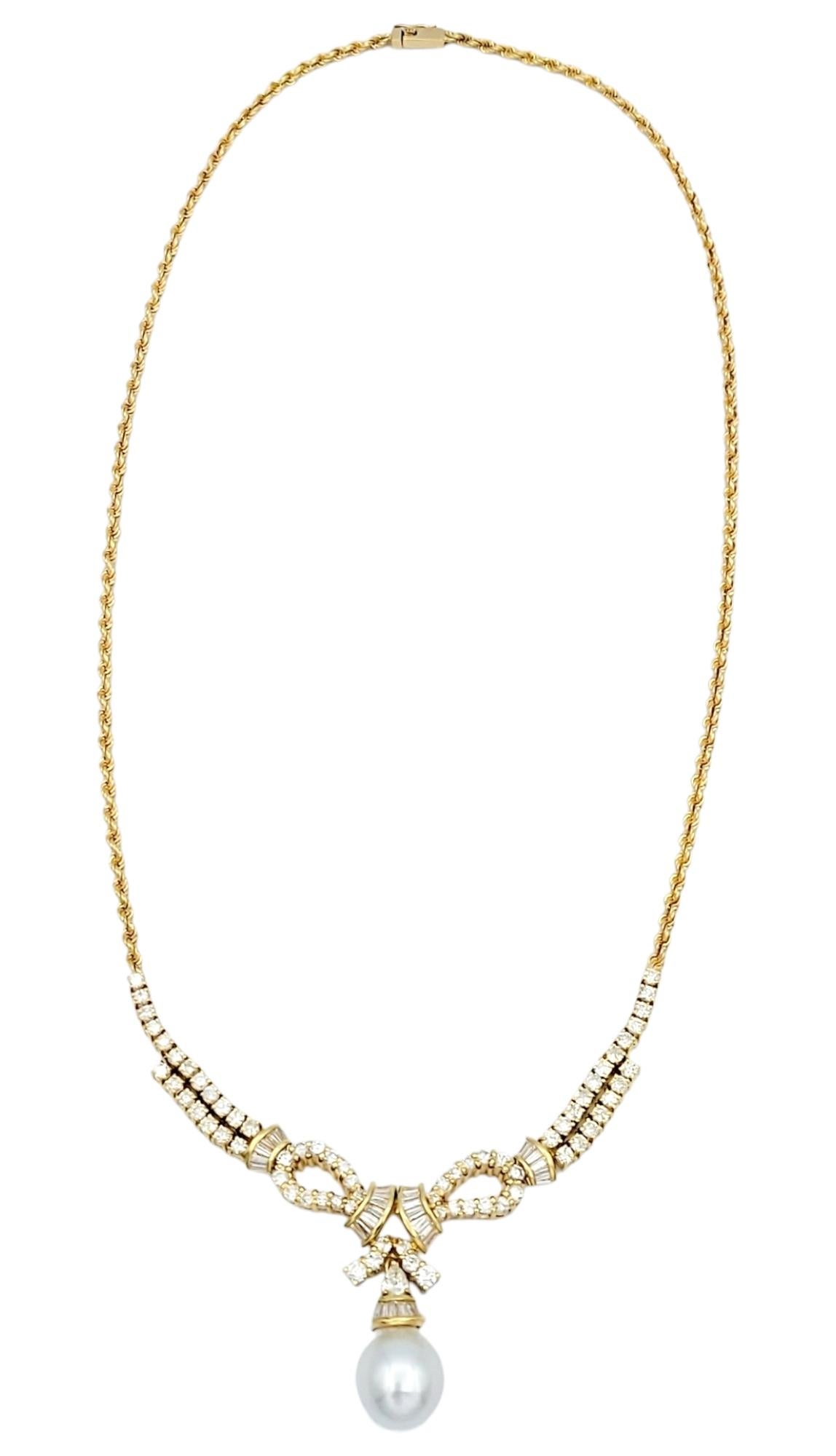Contemporary Diamond and Baroque Culture Pearl Drop Rope Chain Necklace in 18K Yellow Gold For Sale