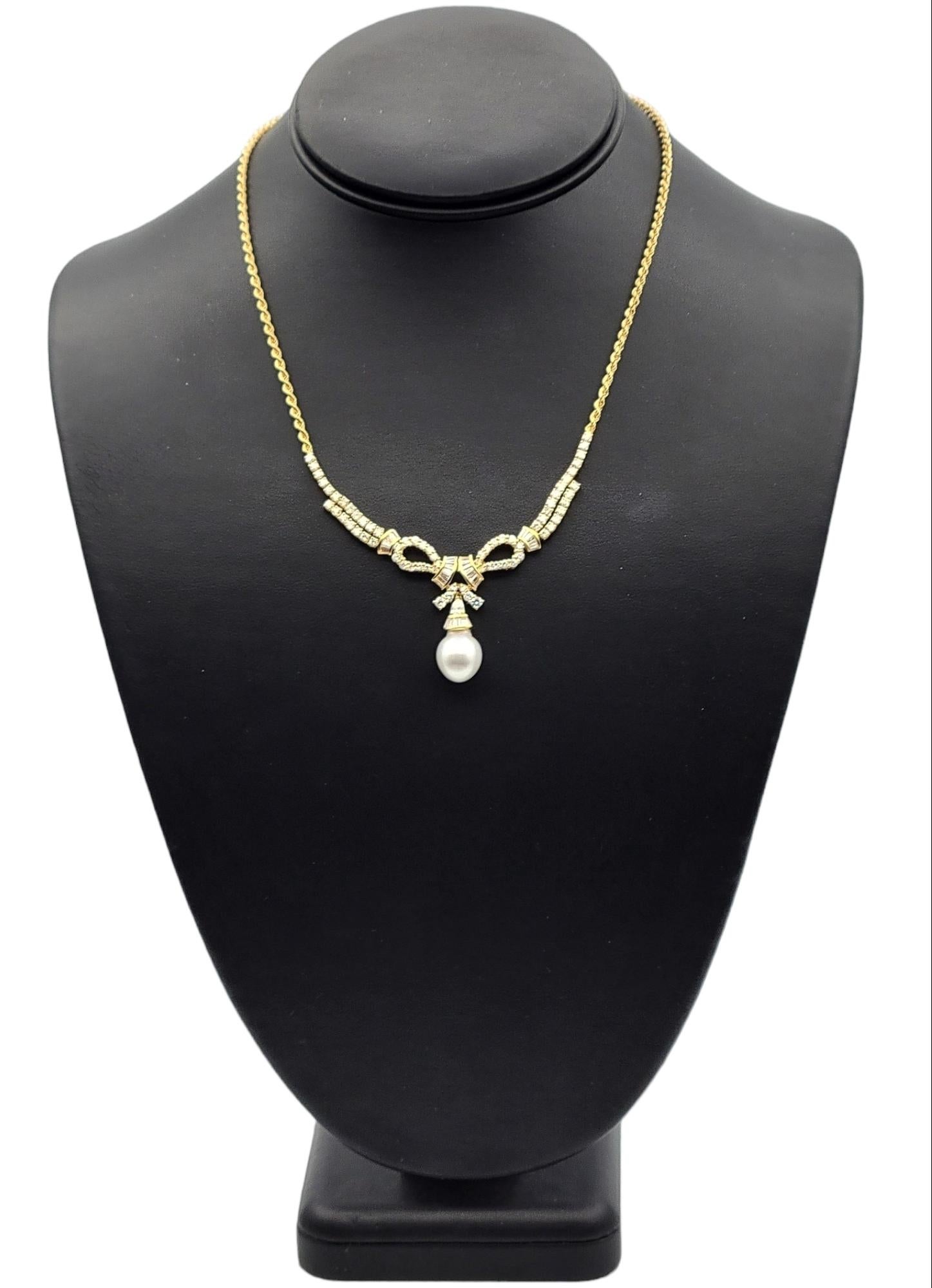 Women's Diamond and Baroque Culture Pearl Drop Rope Chain Necklace in 18K Yellow Gold For Sale