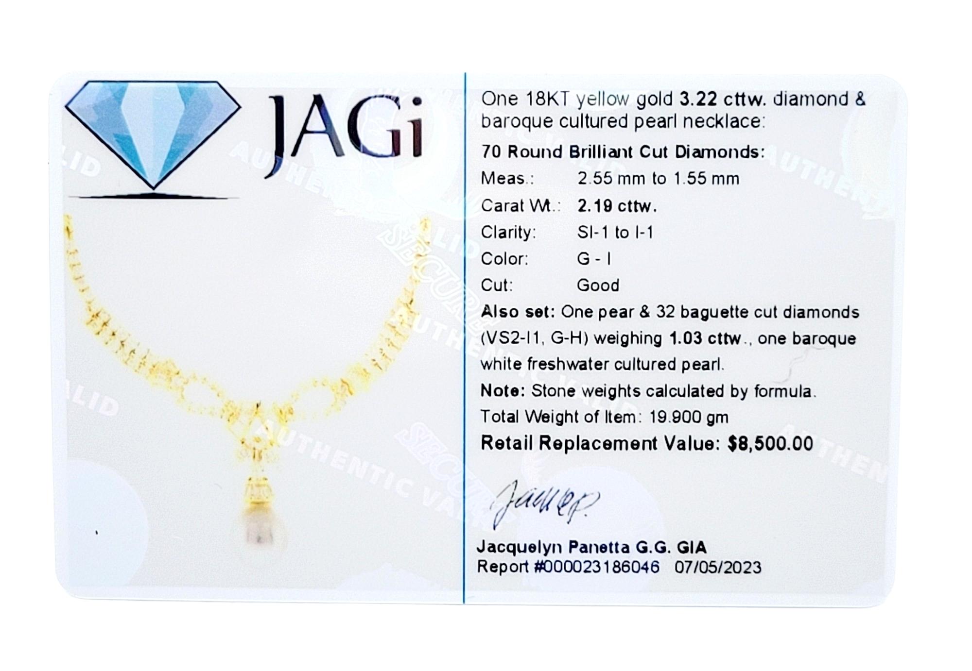 Diamond and Baroque Culture Pearl Drop Rope Chain Necklace in 18K Yellow Gold For Sale 1