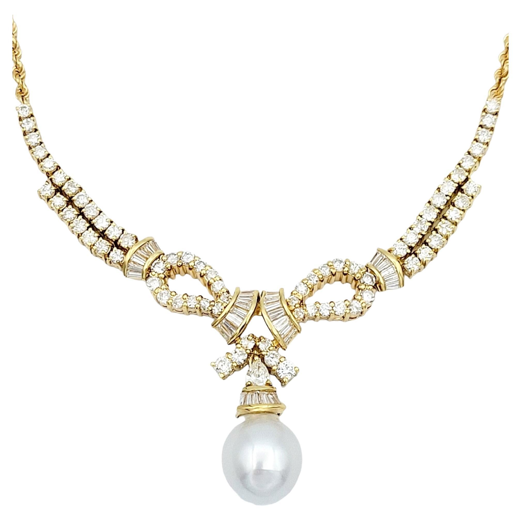 Diamond and Baroque Culture Pearl Drop Rope Chain Necklace in 18K Yellow Gold For Sale