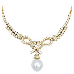 Diamond and Baroque Culture Pearl Drop Rope Chain Necklace in 18K Yellow Gold