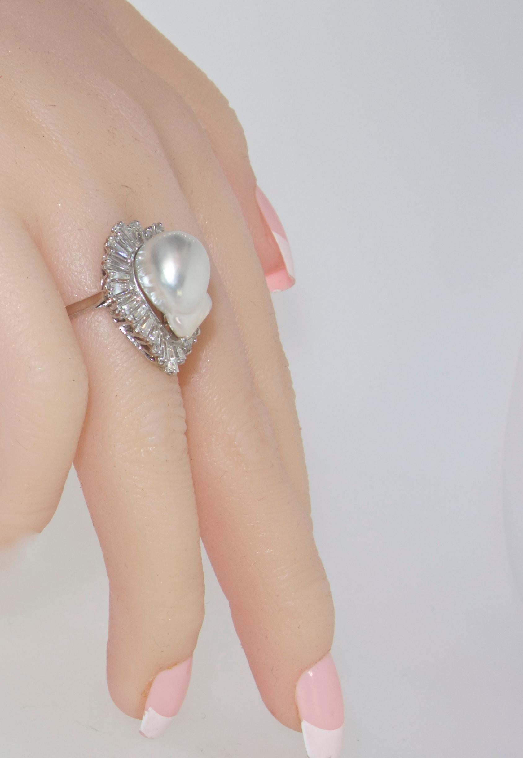 Women's or Men's Diamond and Baroque Pearl Ring