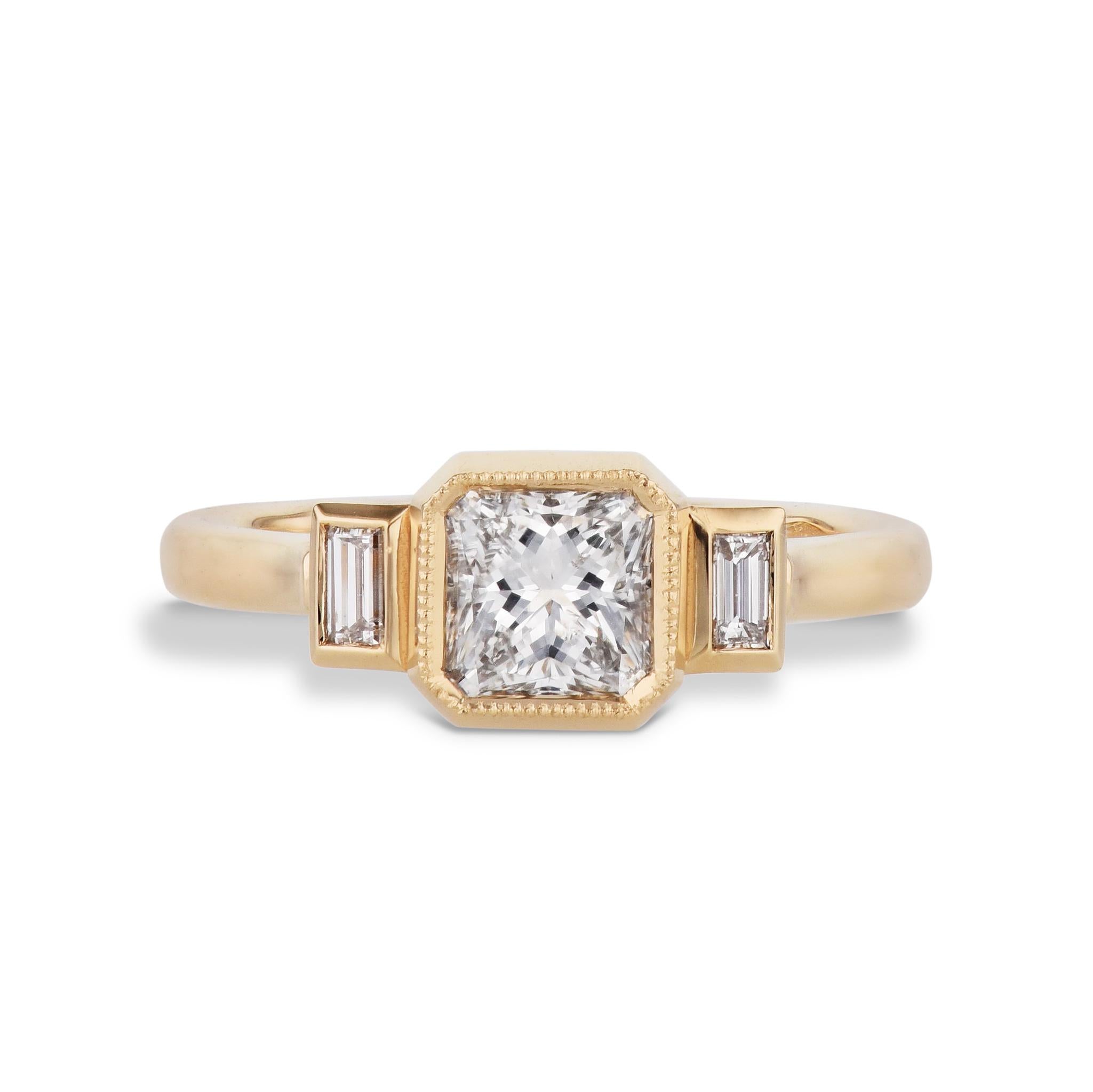 Modern Diamond and Bezel Set Baguette Yellow Gold Engagement Ring For Sale