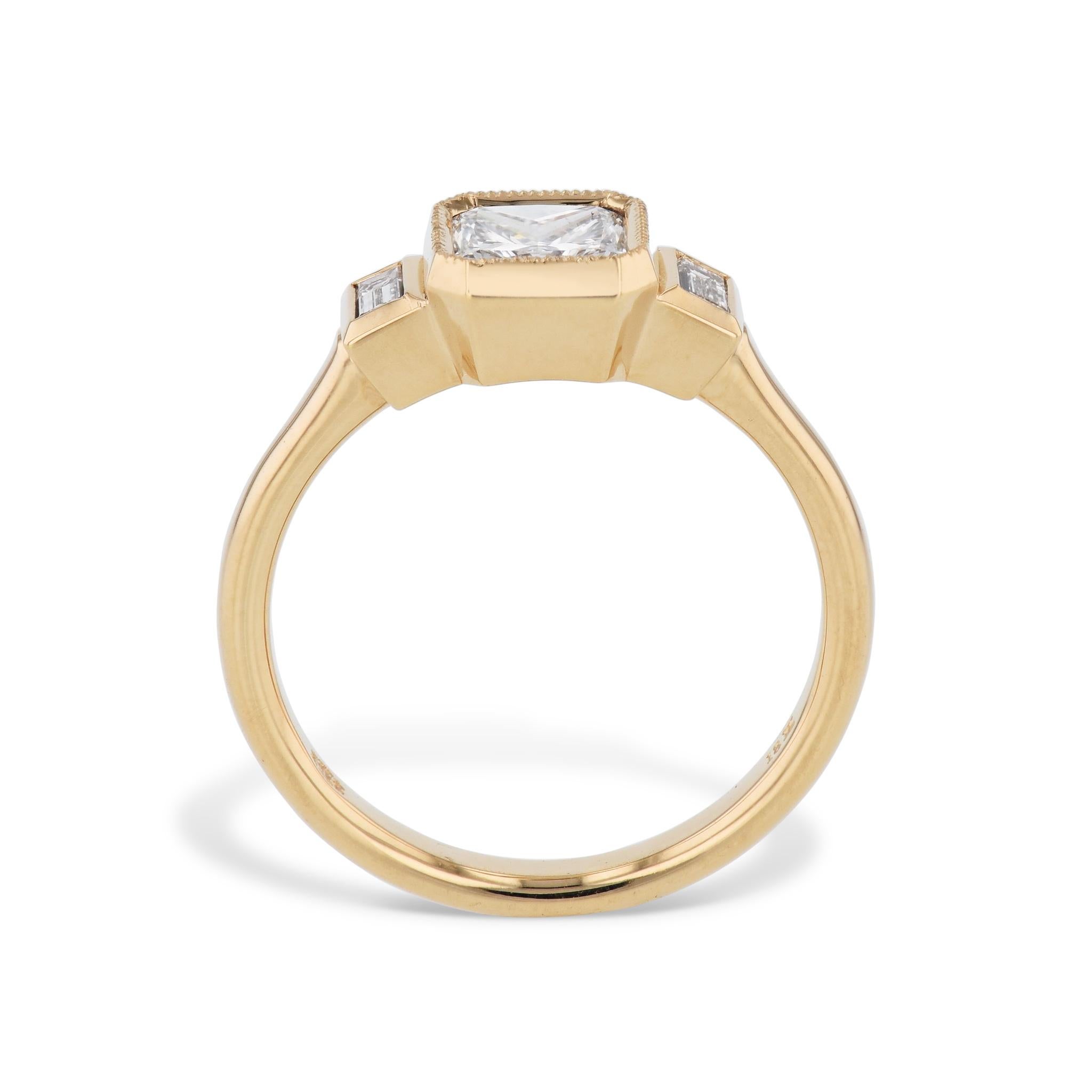 Modern Diamond and Bezel Set Baguette Yellow Gold Engagement Ring For Sale