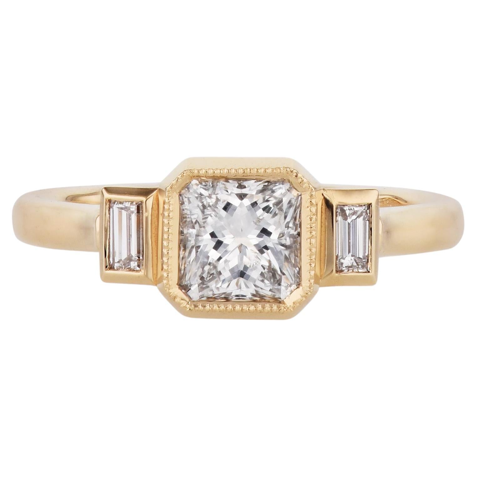 Diamond and Bezel Set Baguette Yellow Gold Engagement Ring For Sale