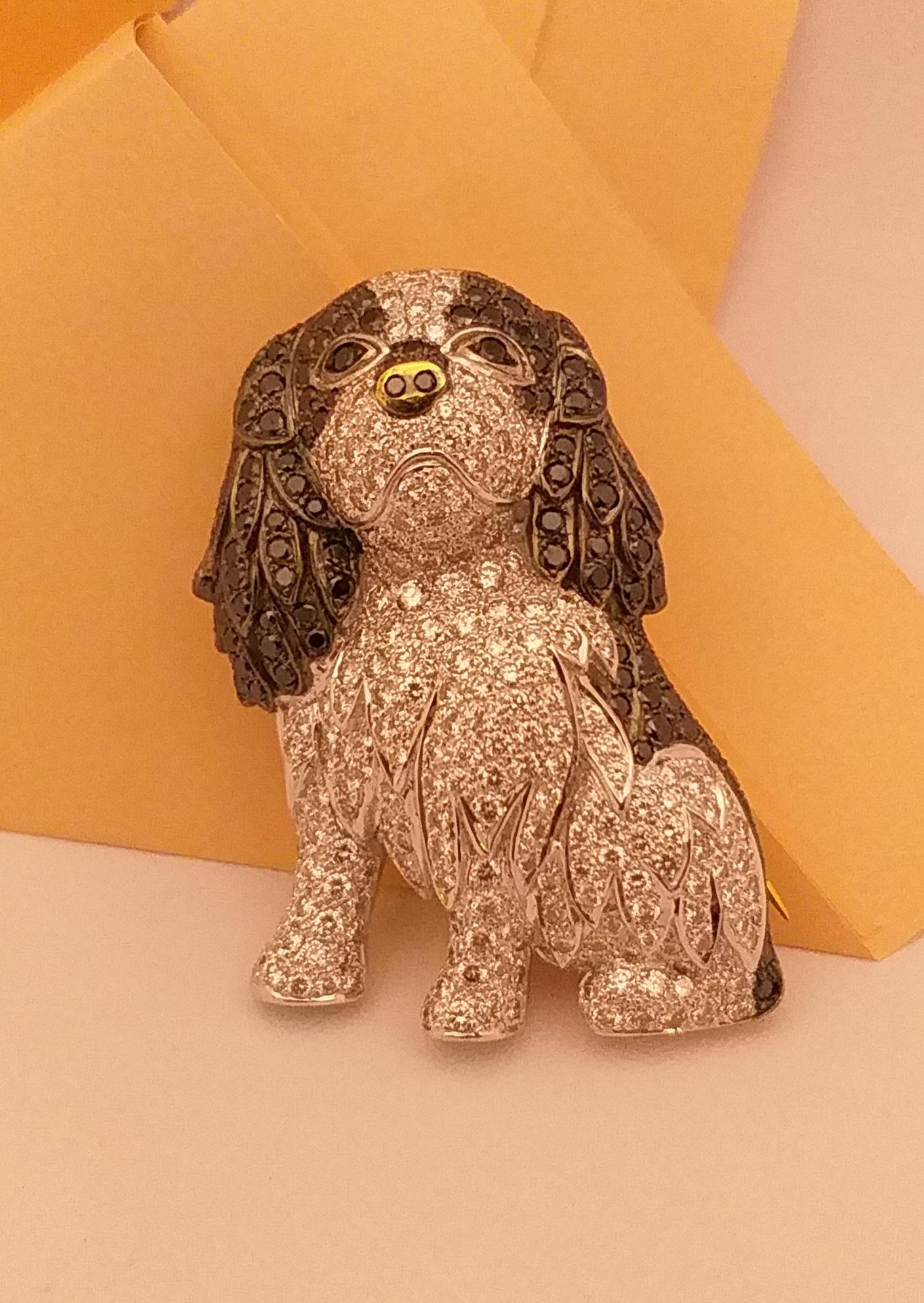 Diamond and Black Diamond Dog Brooch Set in 18 Karat Gold Settings 5