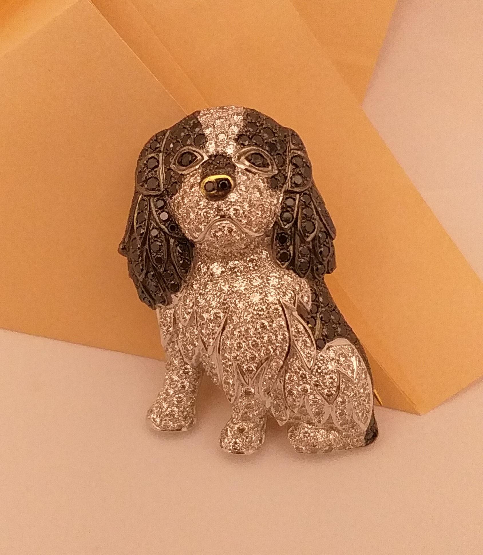 Diamond and Black Diamond Dog Brooch Set in 18 Karat Gold Settings 1