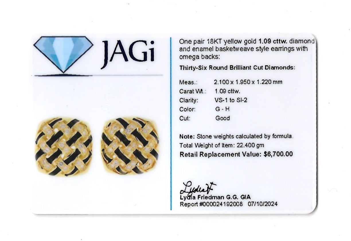 Boucles d'oreilles Omega en or jaune 18 carats, diamants et émail noir en forme de panier en vente 3