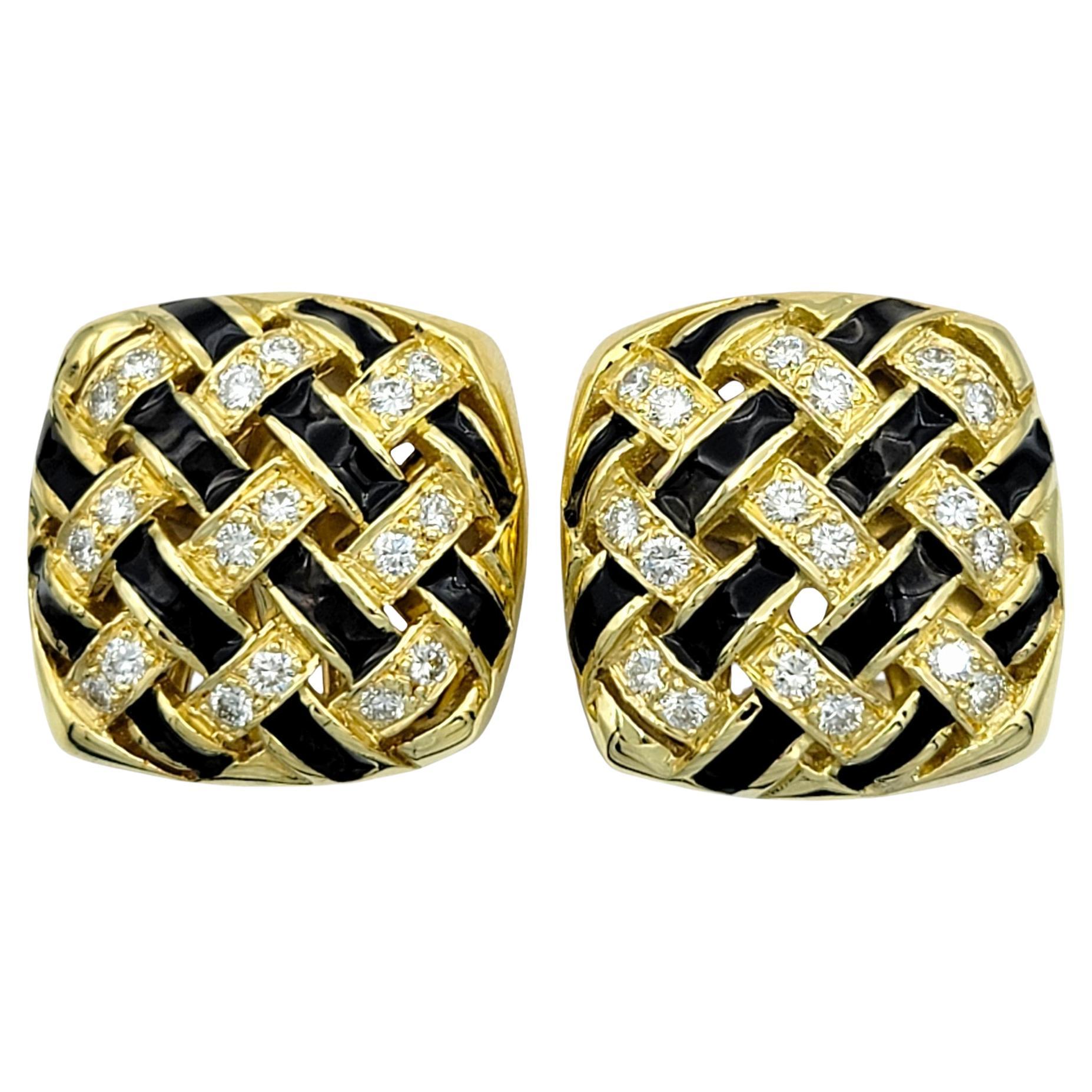 Diamond and Black Enamel Basketweave Omega Back Earrings, 18 Karat Yellow Gold