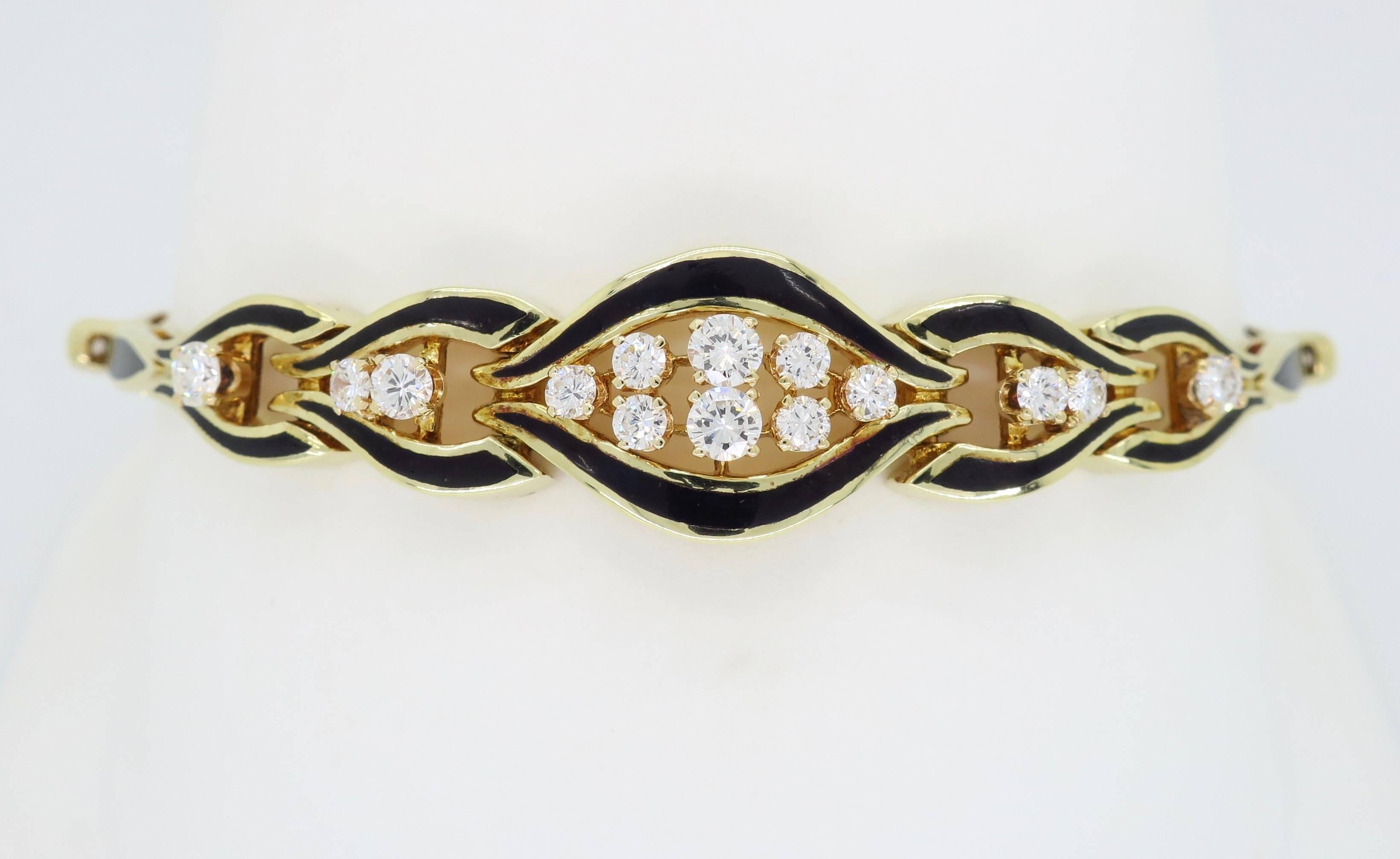 Unique 14K Yellow Gold and Black Enamel bracelet features 22 Round Brilliant Cut Diamonds with G-I color and VS2-SI2 clarity. There is approximately 1.10CTW of Diamonds in this beautiful bracelet. The bracelet is 7” in length and weighs 17.7 grams.