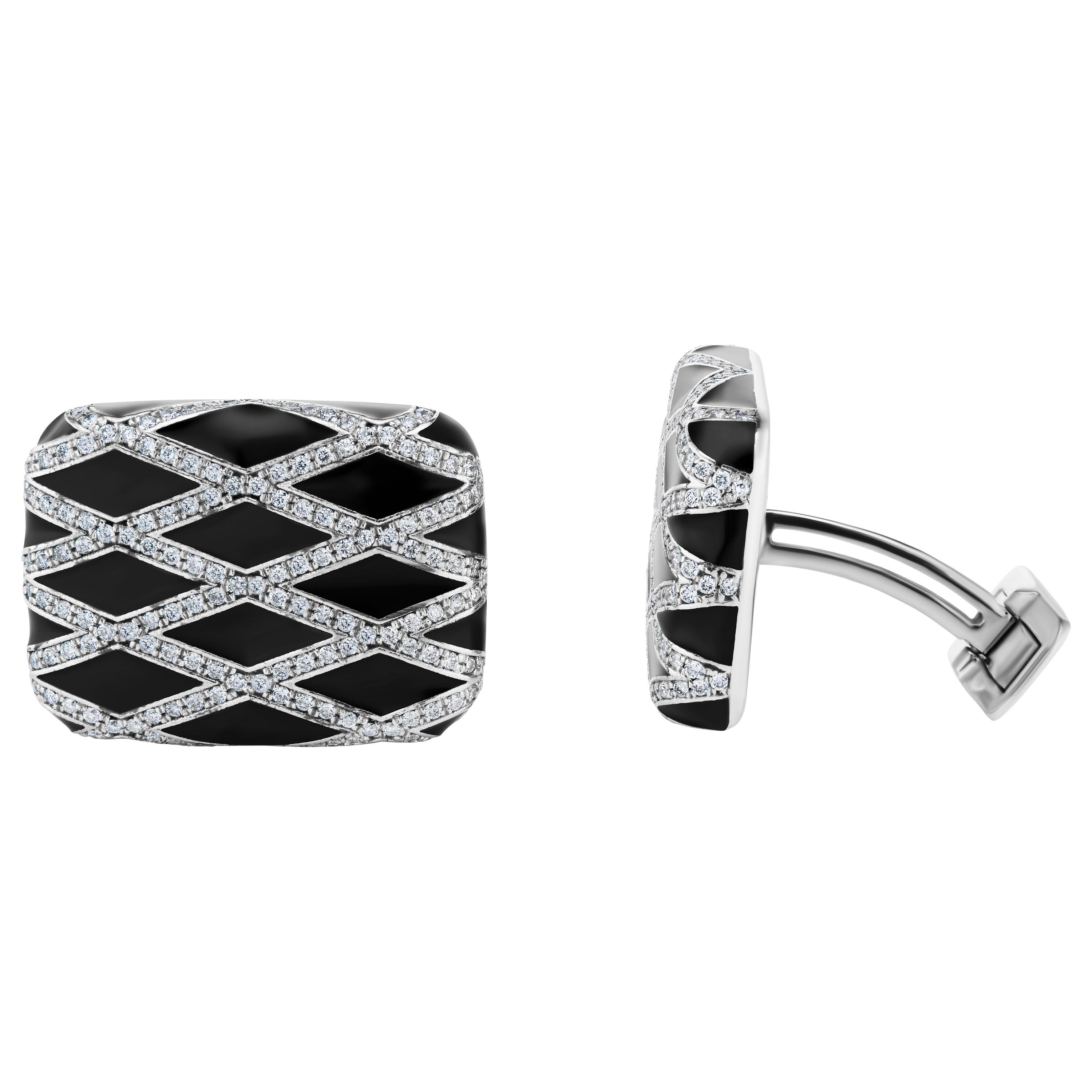 Diamond and Black Enamel Cufflink For Sale